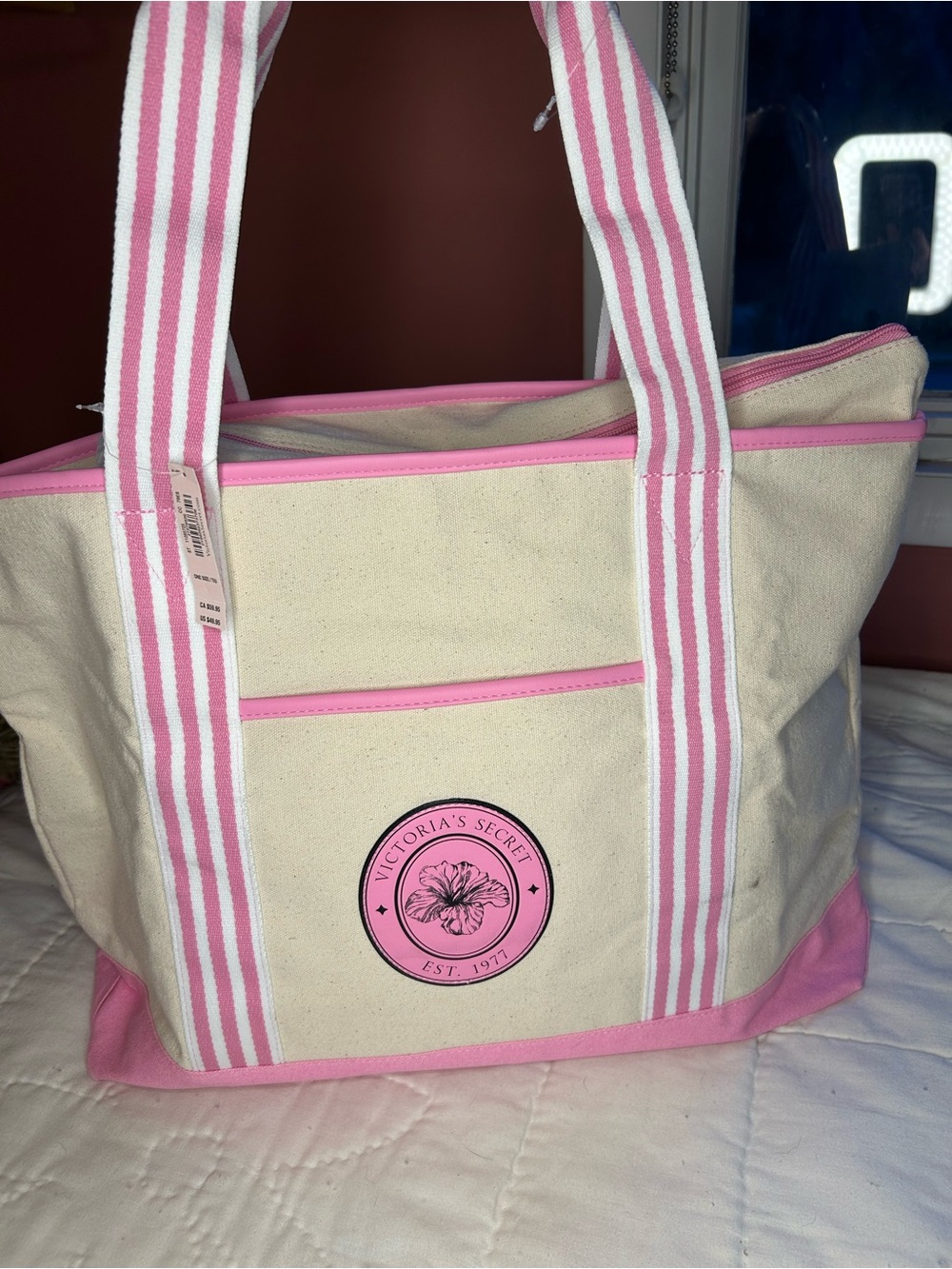 Victoria's Secret Cream Canvas Tote with Pink Trim and Striped Handles